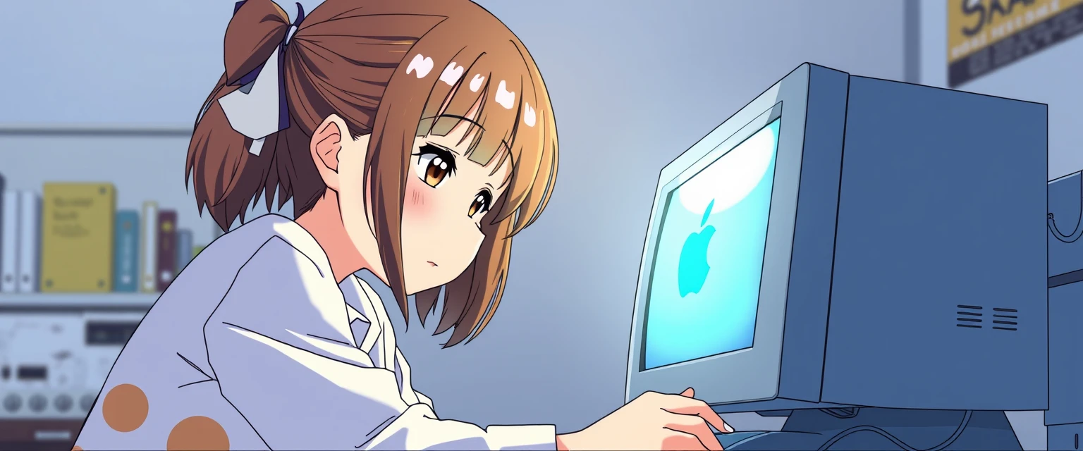 A young girl repairing an Apple computer in Japanese animation style. 16:9