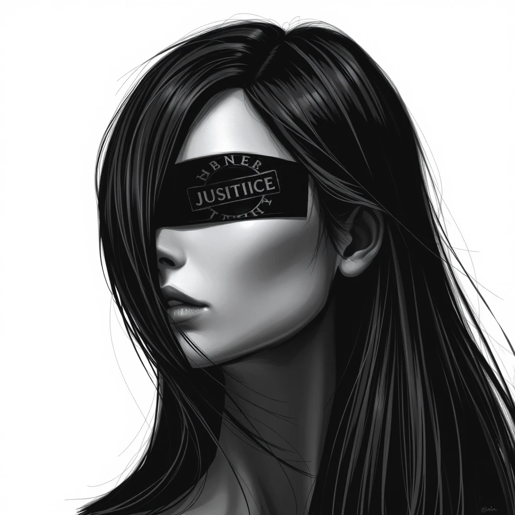 Blind Justice female face, side face, Straight hair, black and white color