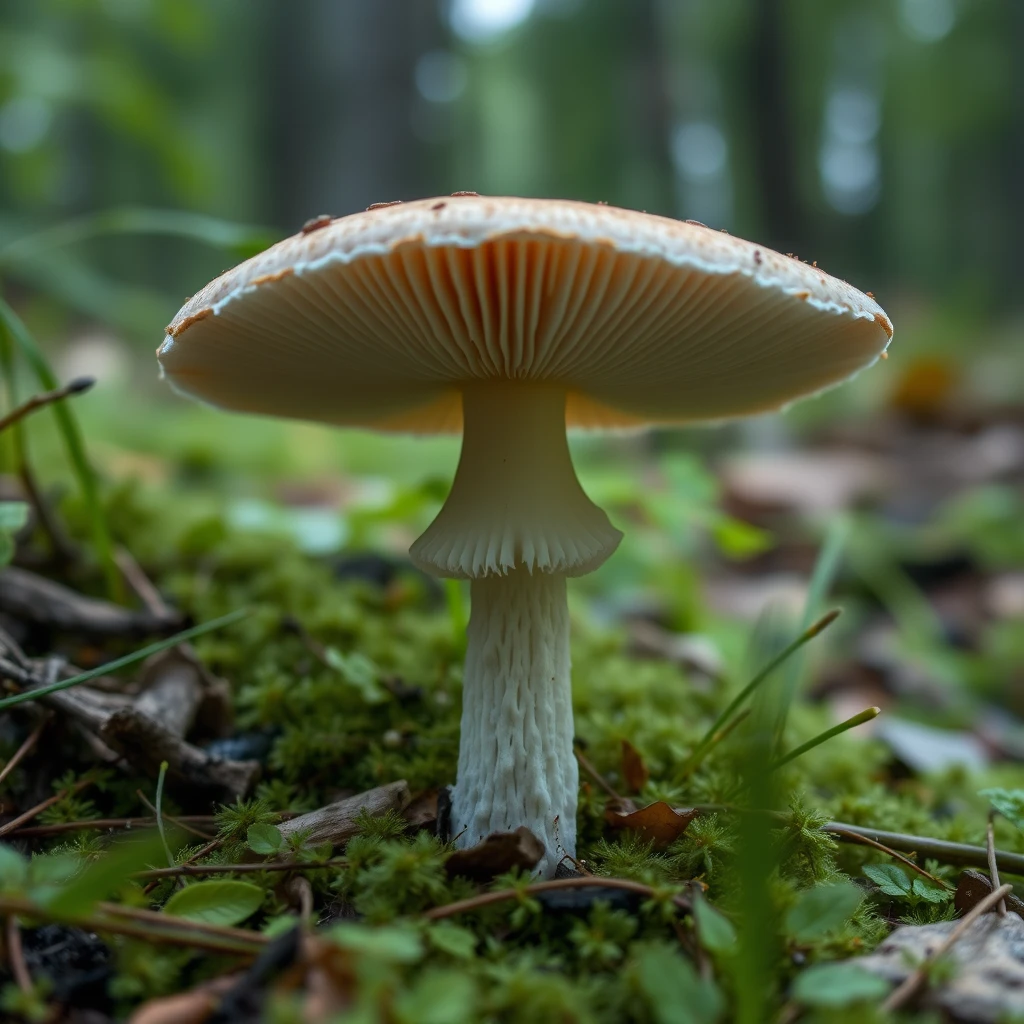 a closeup HD photograph of a mushroom growing on the forest floor - Image