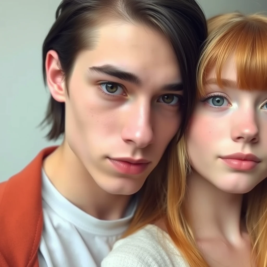 young guy, long dark brown hair parted in the middle, sharp facial features, pale skin, light brown eyes, thick eyebrows, long eyelashes next to a cute white ginger girl, turned-up small nose, pink lips, green eyes, long bangs. - Image