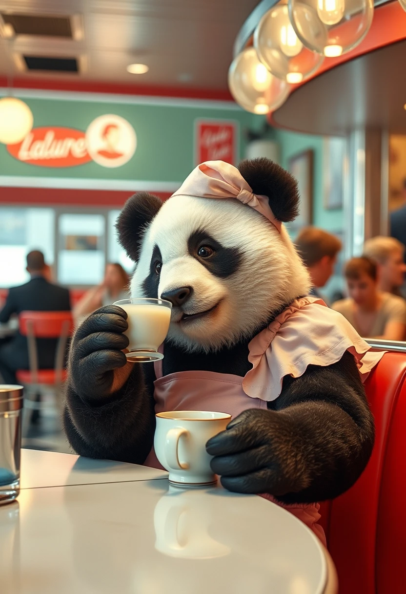 panda at a busy 1950's diner drinking tea, waitress, highly detailed, photorealistic, 35mm lens