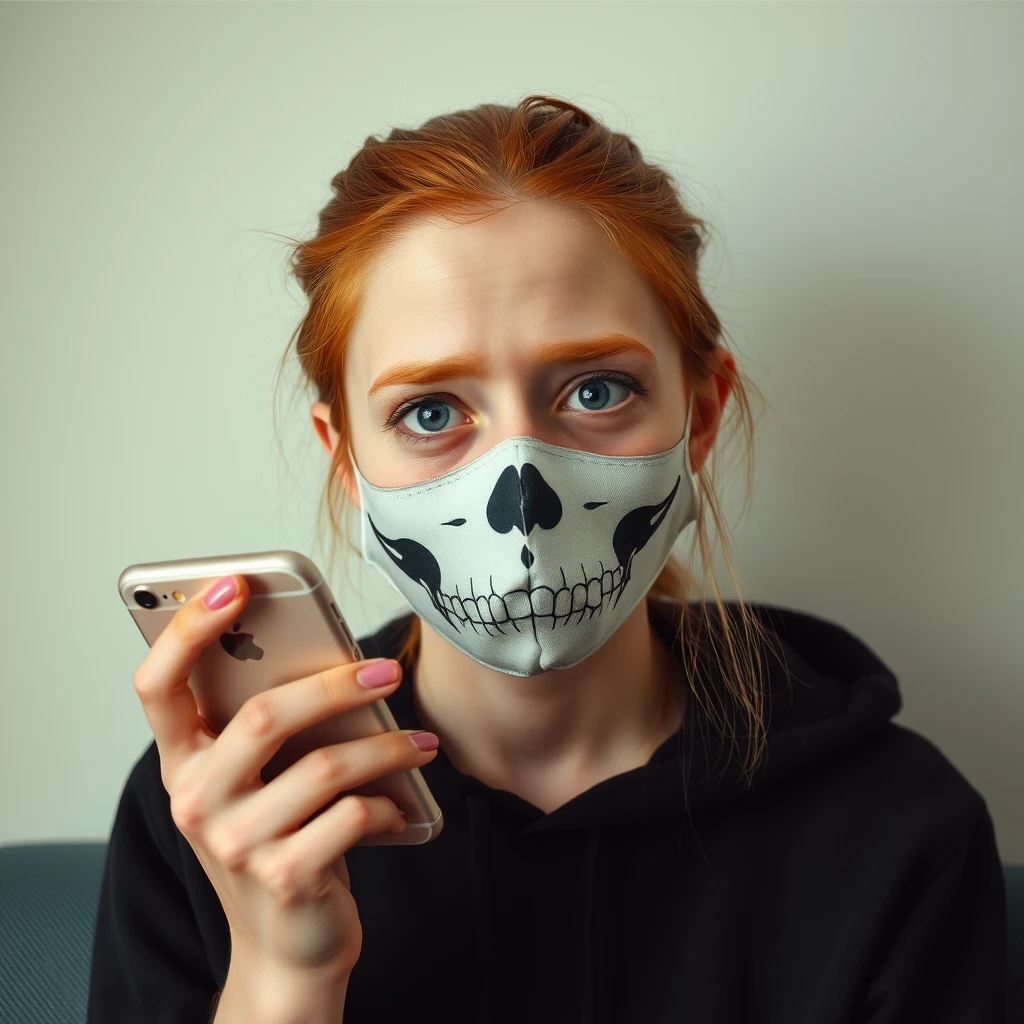 annoying white redhead 16-year-old girl, short, eating disorder, eye bags, holding phone close to face, skull mask, bloodshot eyes, smoking - Image