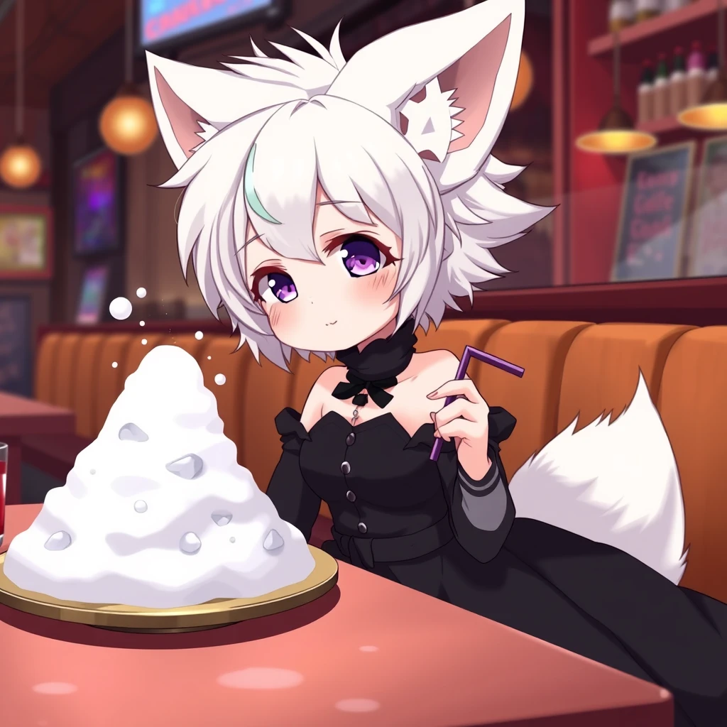 Cute anime girl with fluffy fennec ears and a fluffy tail, white messy short hair, purple eyes, wearing a goth outfit with a long black dress, sitting at the table in a bar. On the table is a small mountain of snow, and the girl looks at the snow with a greedy smile, holding a straw in her right hand.