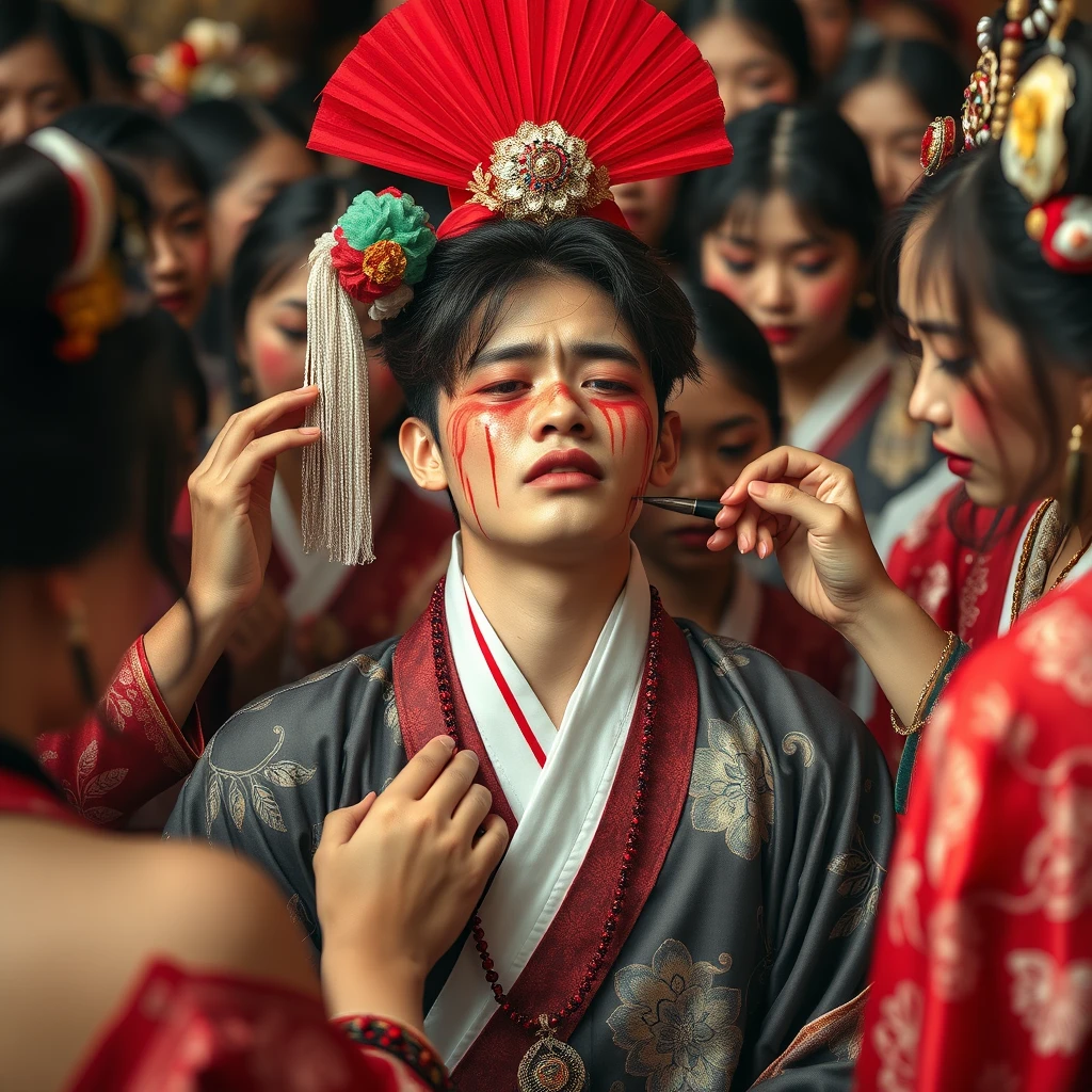 A girly young man is forced to crossdress as an oiran; he is streaming tears and sobbing, surrounded by many oirans, as they apply makeup on him. - Image