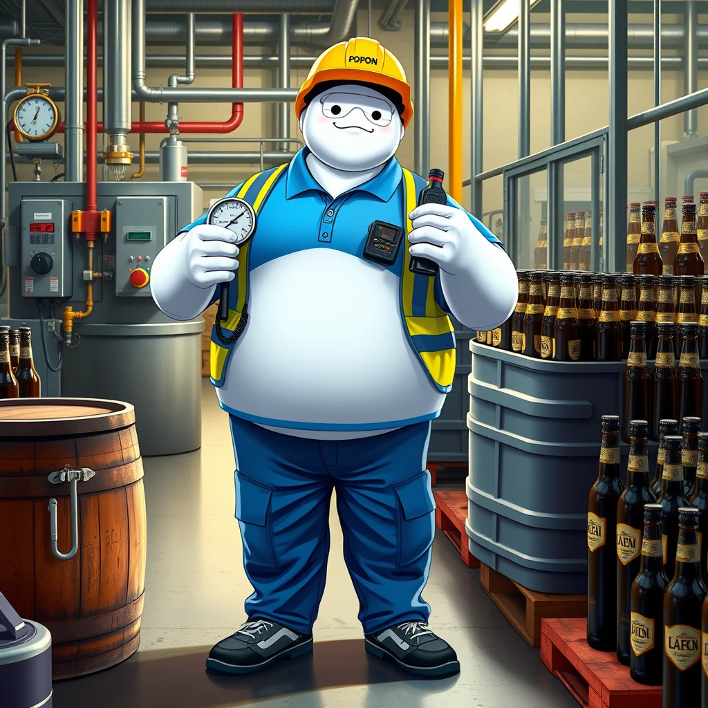 Baymax is measuring bottles with a gauge in the quality control and inspection area of a beer bottling plant, surrounded by machinery, a barrel, gauges, measuring instruments, pallets, beer bottles, dressed in a blue polo shirt that covers his entire torso, safety gear, a reflective vest, safety shoes, a walkie-talkie, industrial safety goggles, blue cargo pants, and a yellow helmet that has the word POPON written on it. The polo shirt has the word POPON written on it. - Image