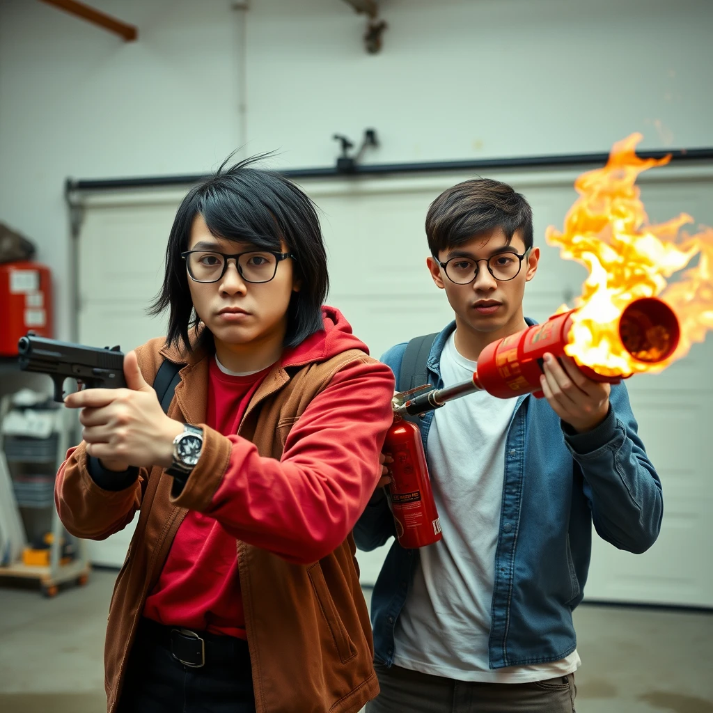 2 person setting, "21 year old northern Chinese thin long face man wearing square glasses, mid/long black mullet hair, holding pistol" and "21 year old young white Italian man wearing round glasses, short hair, holding very large fire extinguisher flamethrower", garage setting, both angry. - Image