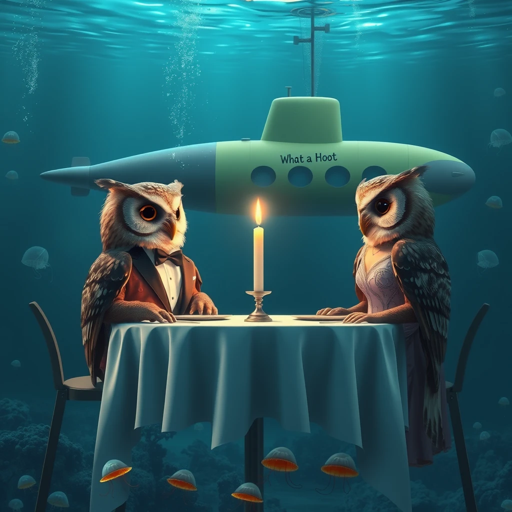 Underwater scene of two owls sitting at a fancy dining table with a lit candle in the center, the two owls are having a lovely dinner together. The left owl is wearing a tuxedo, the right owl is wearing a nice dress. In the background is a submarine passing by with the words “What a Hoot” painted on its side. There are little jellyfish swimming around at the bottom of the image below the table, cinematic beautiful digital artwork. - Image