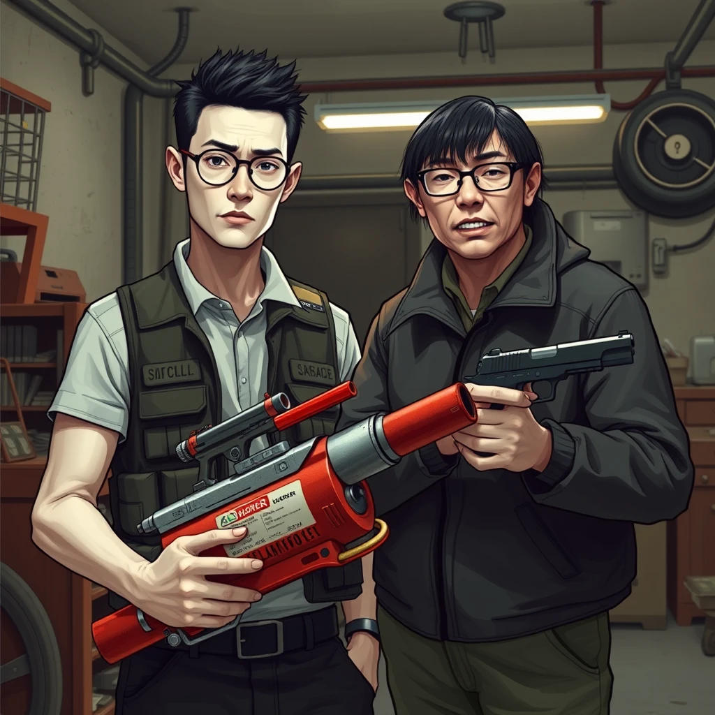 2 person set, 2 men, 1 Caucasian white man, 1 northern Chinese man, they are together in a garage setting, here are the details and I want every single one with accuracy. 
The first man (Caucasian white man) has these features: he's thin and has very white skin color, round prescription glasses, he also has short black hair, he's wearing normal everyday clothes but with a military vest on top, he's also holding a very large fire extinguisher flamethrower. 
The second one (northern Chinese man) has these features: a thin long face, wears square prescription glasses, also has mid to long fringe black hair and he's holding a pistol.