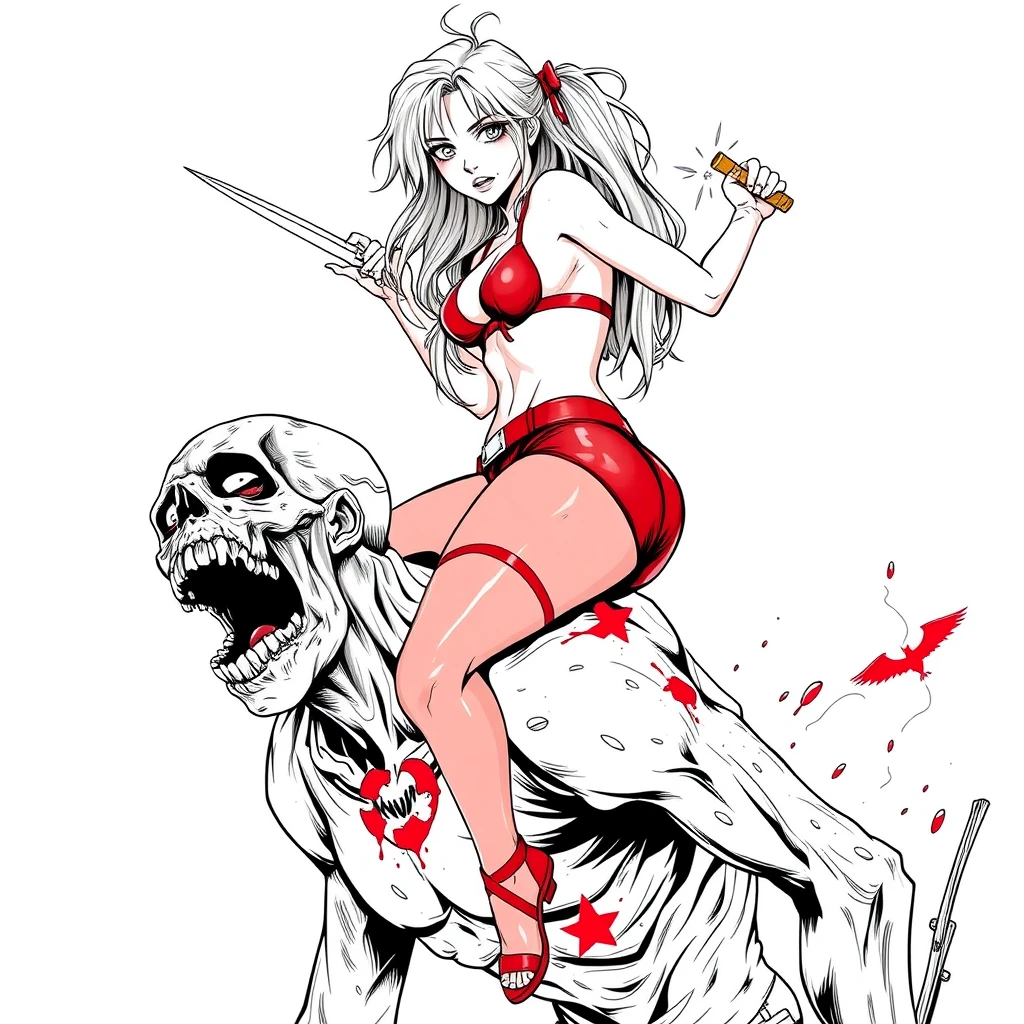 A girl in red sexy battle leather underwear rides on a zombie's shoulder with her legs open, holding a stab and killing the zombie. Line art.