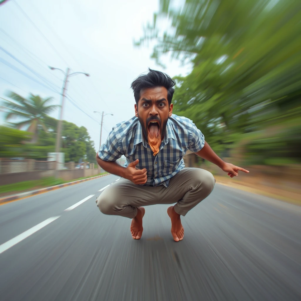 Indian man flying away at high speed 20m high, squat pose, farting high pressure stream of brown liquid, low quality CCTV footage, angry screaming at camera, bulging eyes, front view, radial blur.