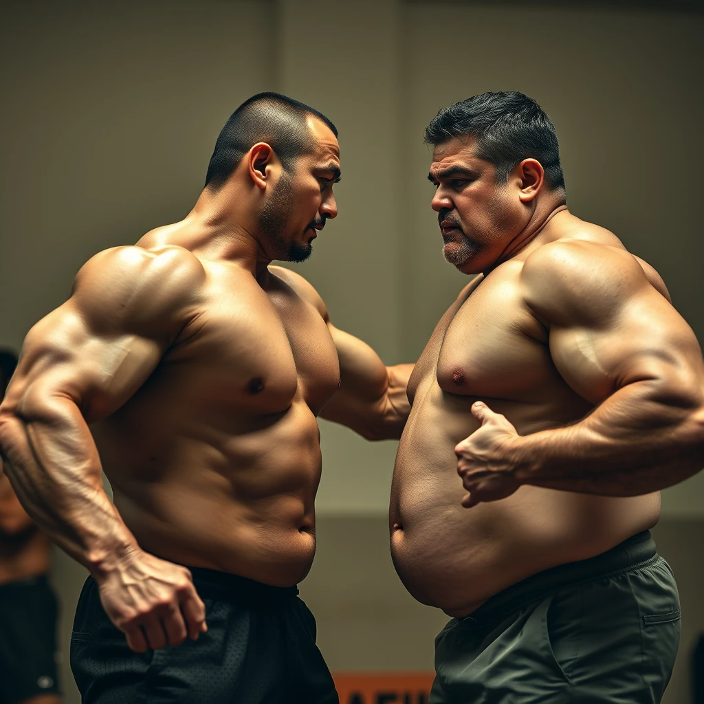 A muscular Asian middle-aged man is punching the stomach of a burly man opposite him, 4k, hd. - Image