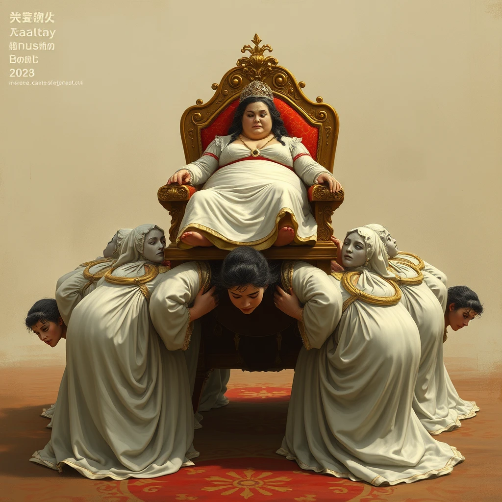 A group of palace maids crawled forward, carrying a luxurious throne on their backs, while the plump queen rested on top.