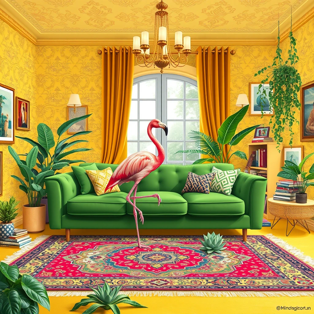 A maximalist illustration from a side view showing a flamingo sitting on a green couch in a yellow living room. The scene includes detailed views of decorative wallpaper, unique lighting elements, and a colorful Persian rug. The large windows with velvet curtains are partially visible, along with various books and art pieces. Tropical plants, succulents, and hanging vines are spread. - Image