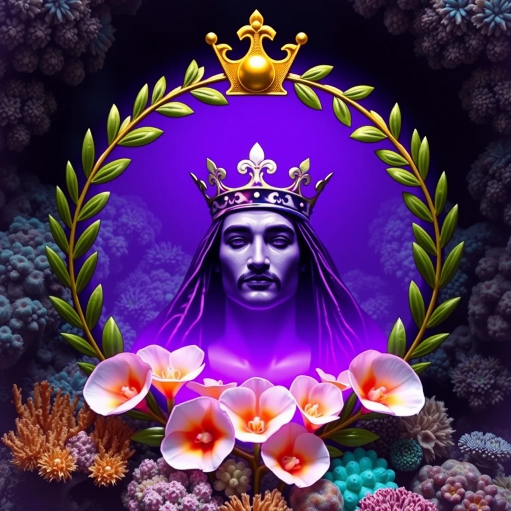 King of world peace, purple aura, laurel wreath. Secure the flora, orchidaceae to fungal spore release. To algae in the coral reef: Florida orange, Georgia peach, Lens Flare.