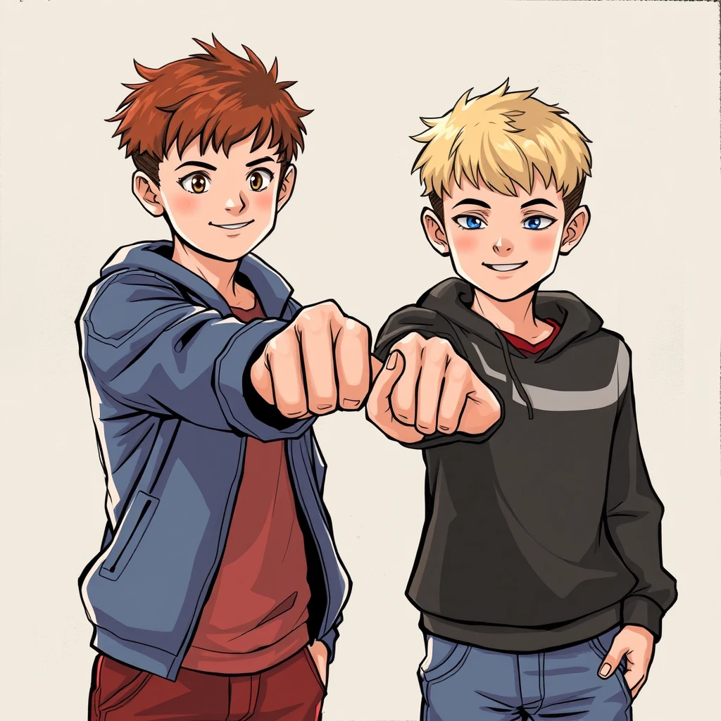 2 boys,hand up,punch - Image