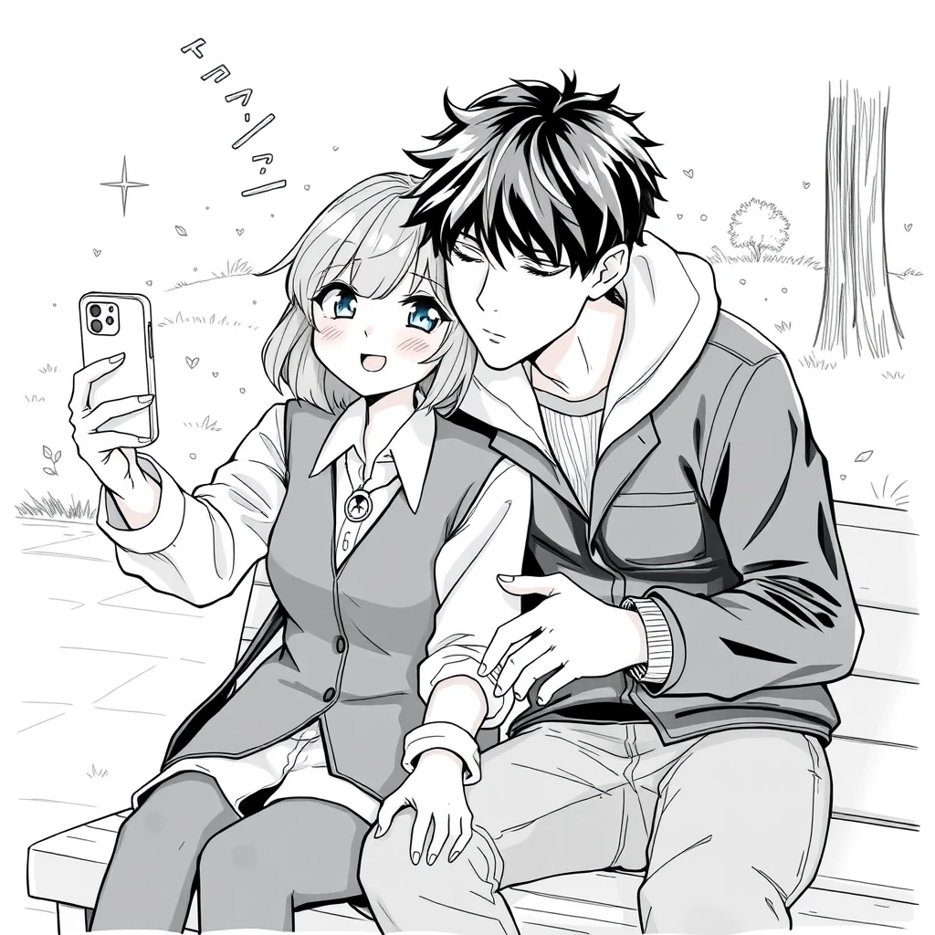 A girl in a shirt and vest took a selfie with her phone, a boy leaned on his shoulder, and they sat on a bench with their hands clasped. lineart