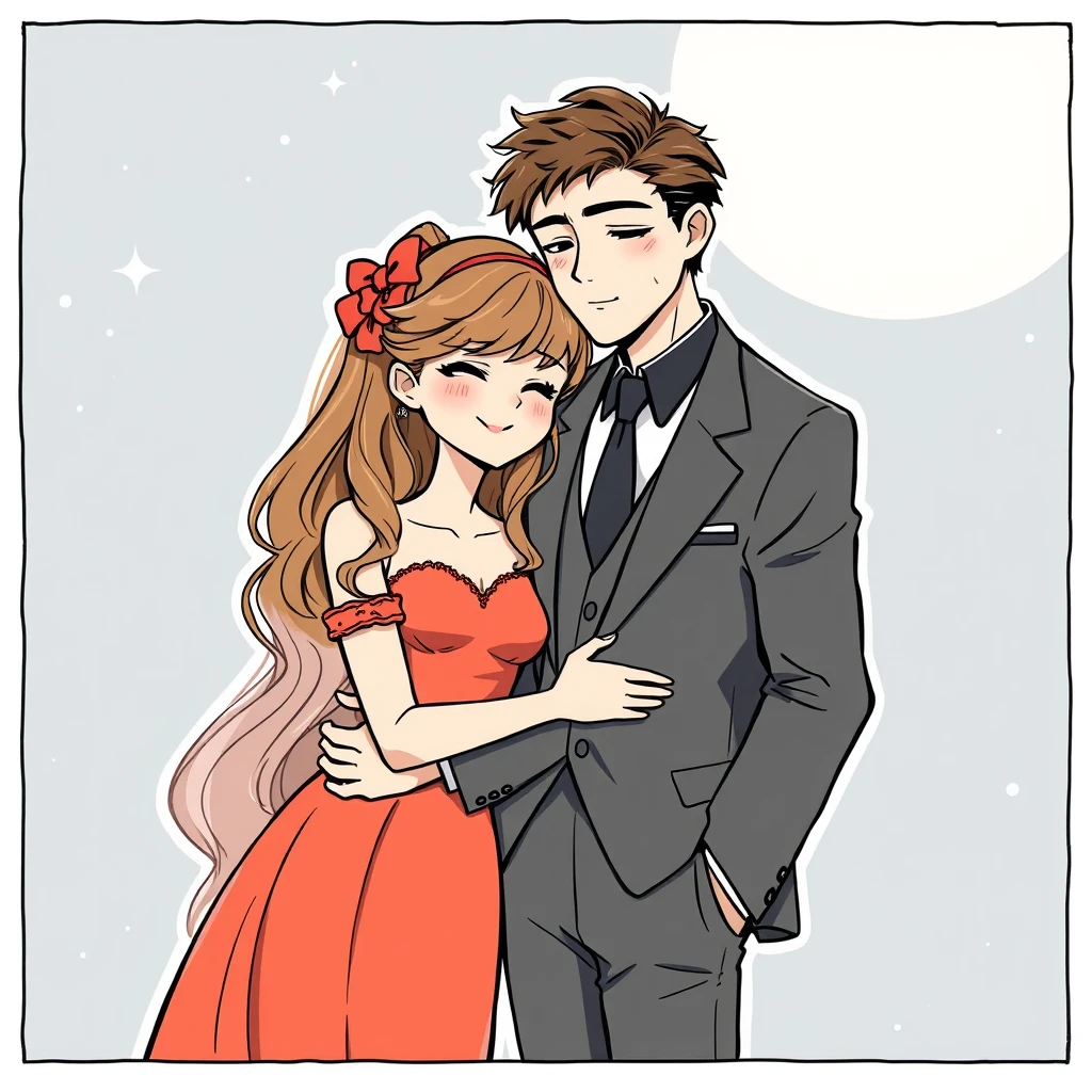 couple, hug, comic lineart, daily life, lolita dress, formal suit, tall and handsome