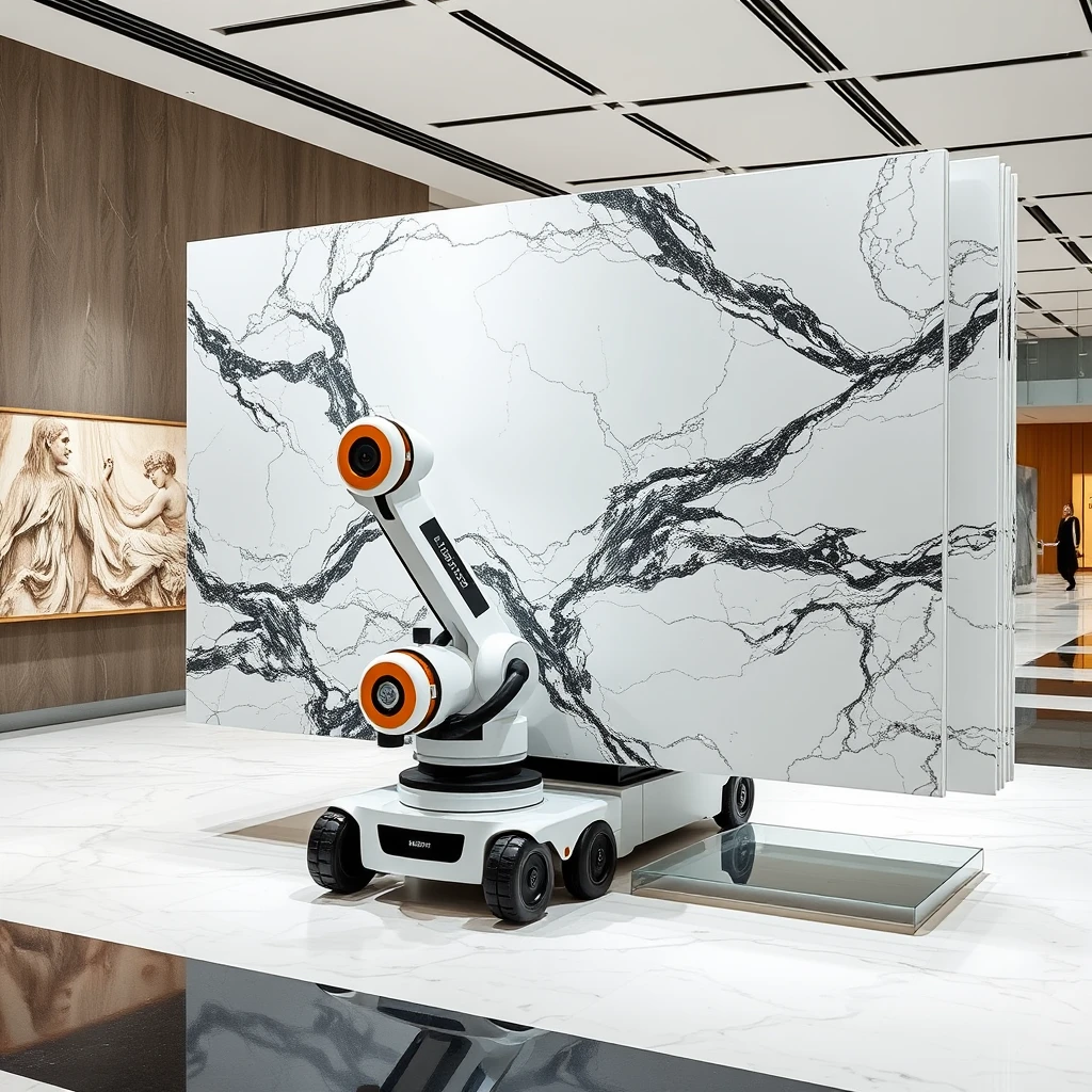 Smart, stylish robotic display system that can hold large 4-meter-sized, polished marble panels so that the marble panels can be carried on AGVs, plus oriented vertically or horizontally, in book match format, for the best viewing experience.