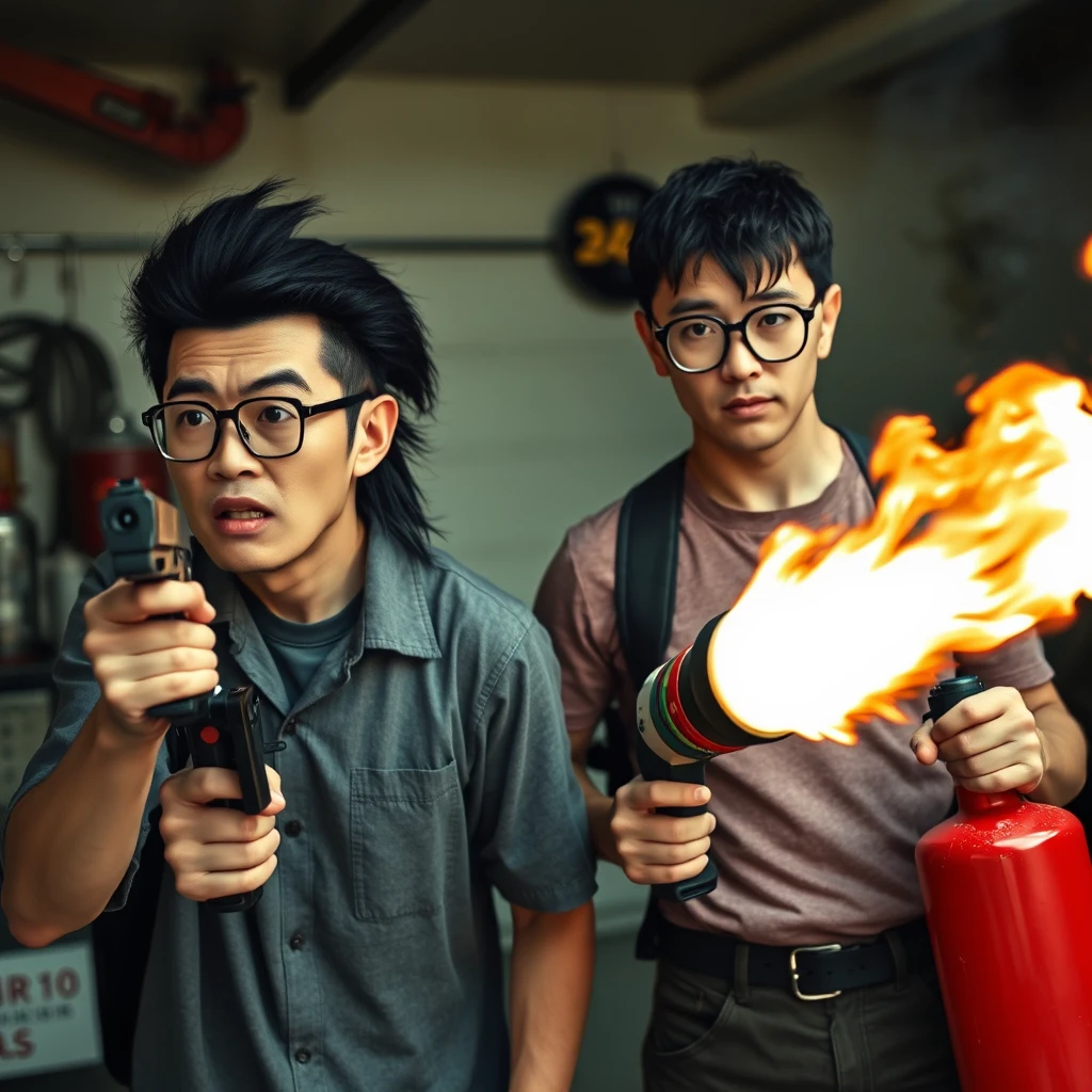 21-year-old white thin long-faced northern Chinese man with a square chin, wearing square glasses, long black mullet hair, holding a pistol; 21-year-old white Italian man wearing round glasses and short hair holding a very large fire extinguisher flamethrower; garage setting; both angry.