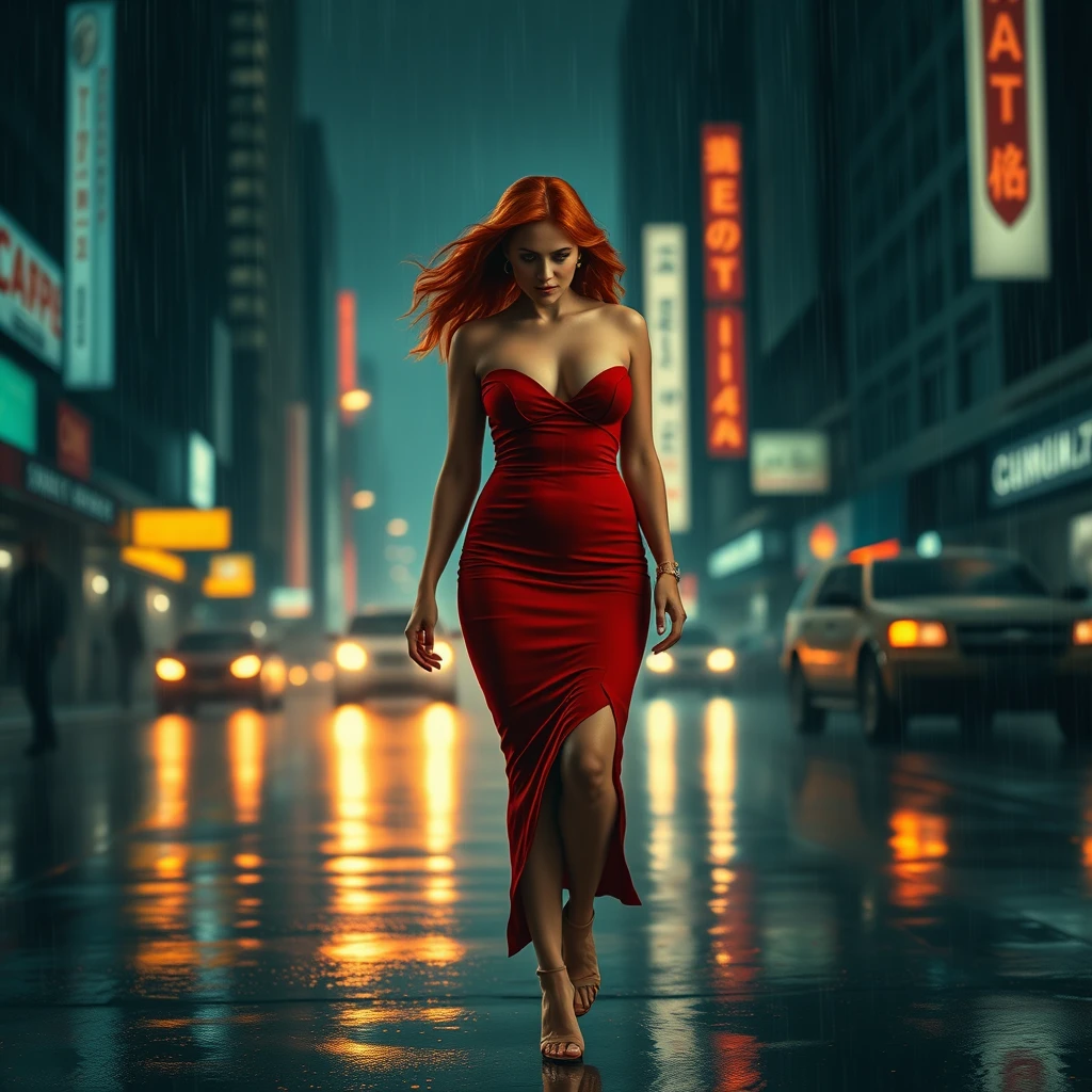 Redheaded woman in a red dress, large breasts, bare midriff, and high heels walking through a Blade Runner city scene in the rain. - Image