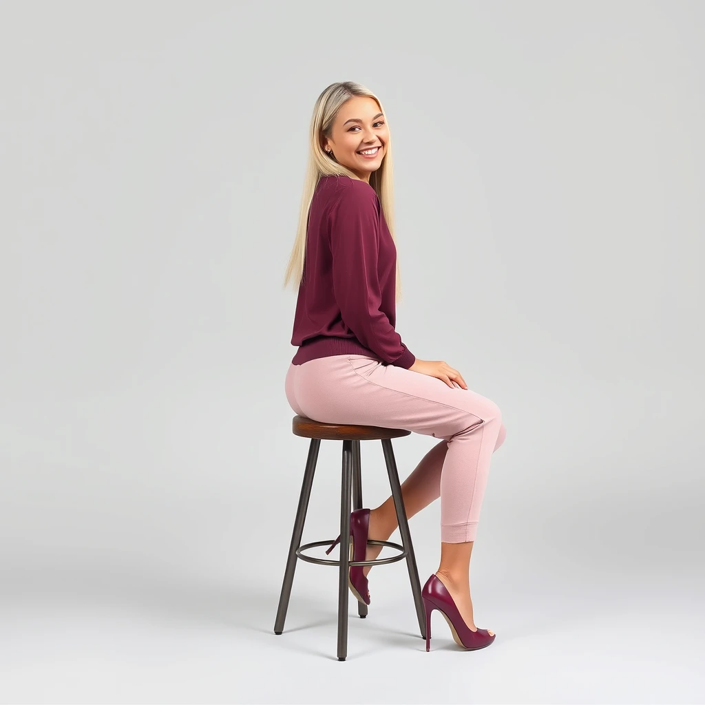 Shot from behind. Photo of a young woman sitting on a stool against a solid light gray background. She is wearing a dark pink blouse and light pink sweatpants with dark pink high heels. Her long platinum blonde hair is straight and falls over her shoulders. She is sitting and facing the camera directly while smiling, with her arms relaxed by her sides and her feet slightly apart. The lighting highlights her toned physique and balanced posture, creating a sharp contrast between her figure and the light gray backdrop. The overall composition is minimalistic, focusing attention entirely on the subject.