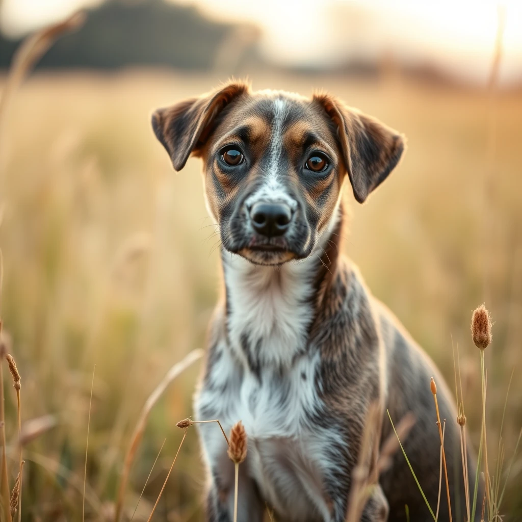 portrait of a Lurcher puppy in a field