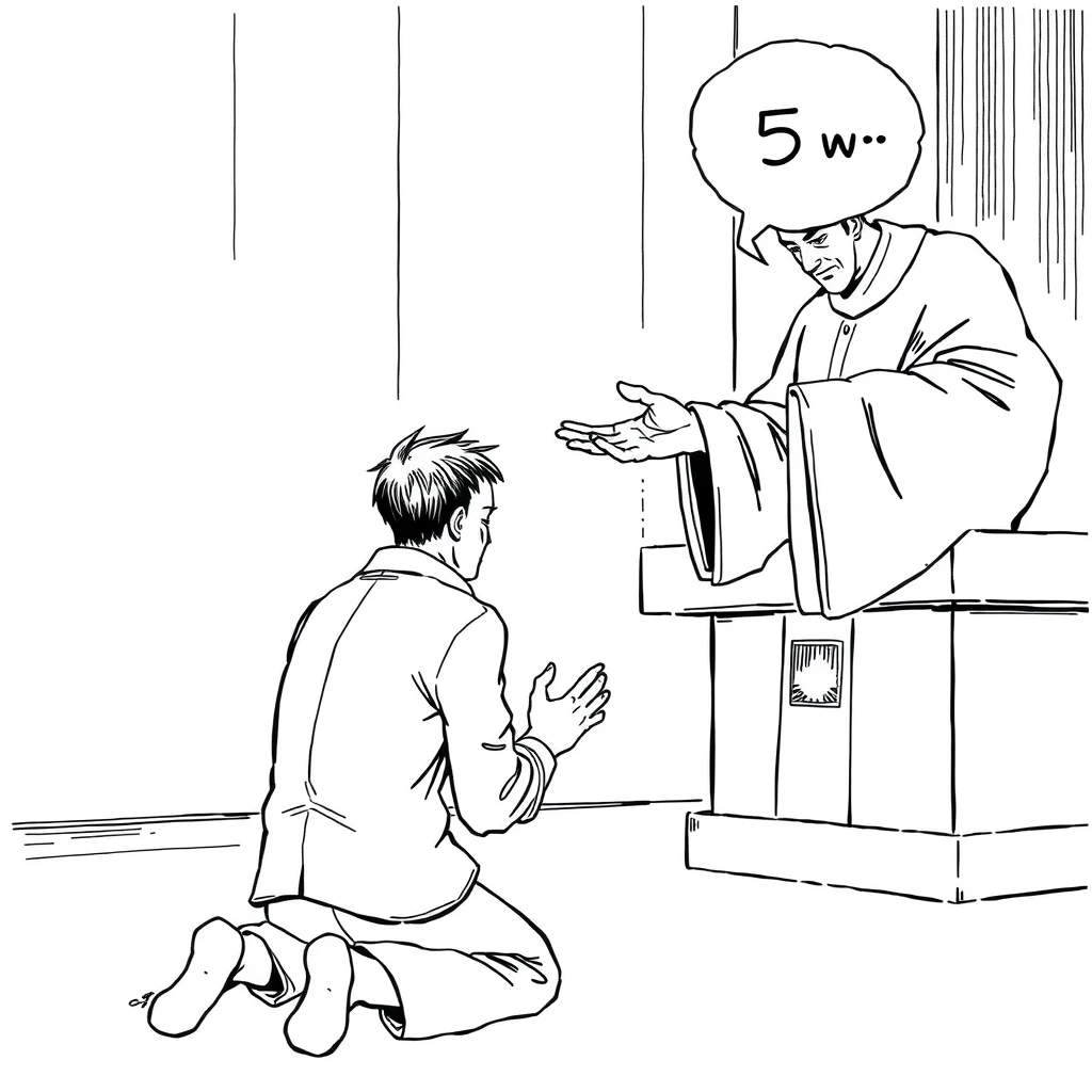 Asian comic, line art, a man kneels before the judge in pain. The judge held out his hand and said haughtily: 5 w.