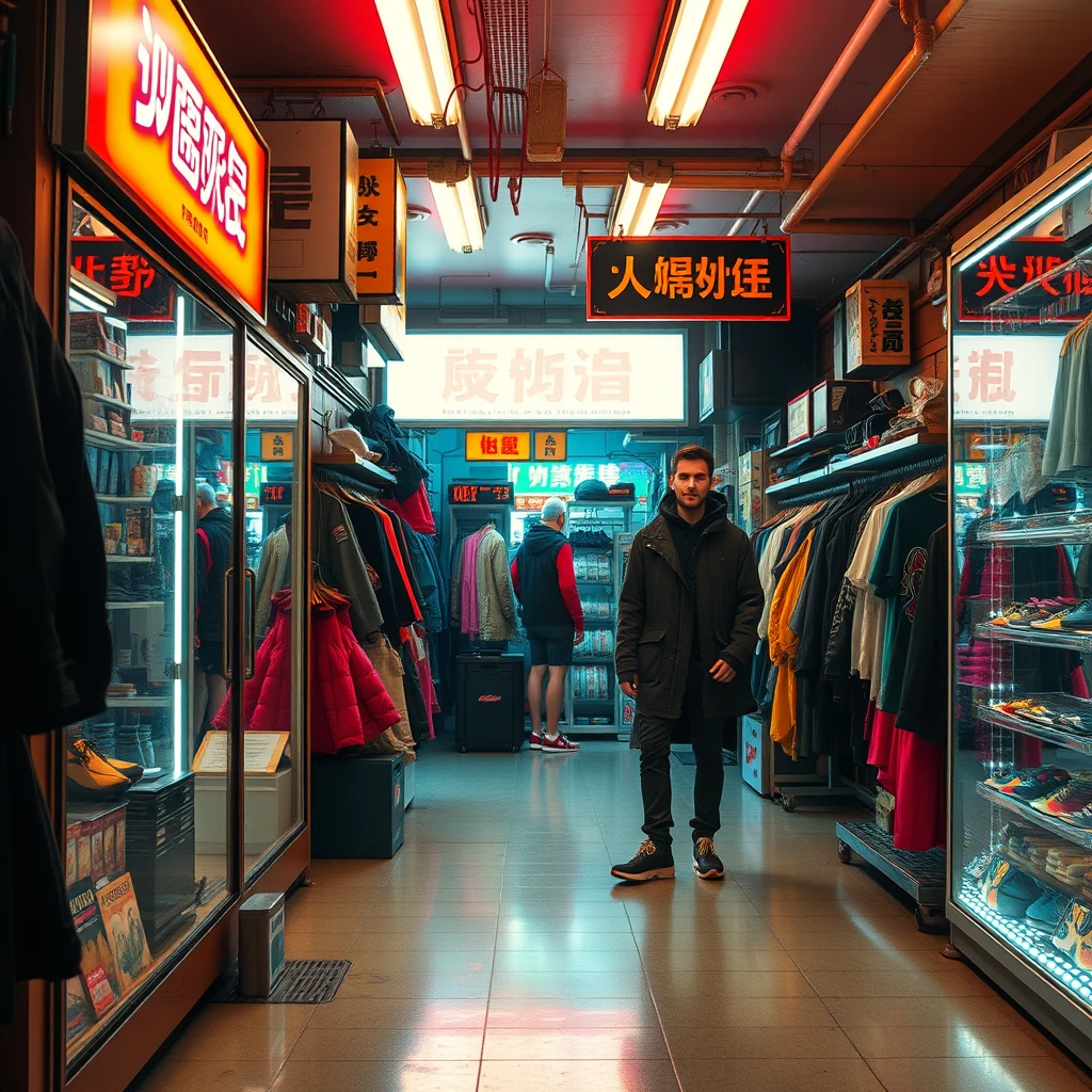 wear shop, bright environment, nobody, cyberpunk,