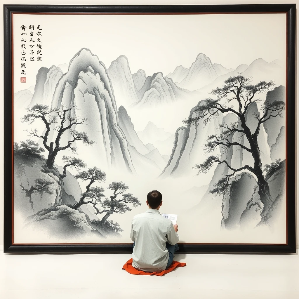 Sitting in front of the Chinese landscape ink painting