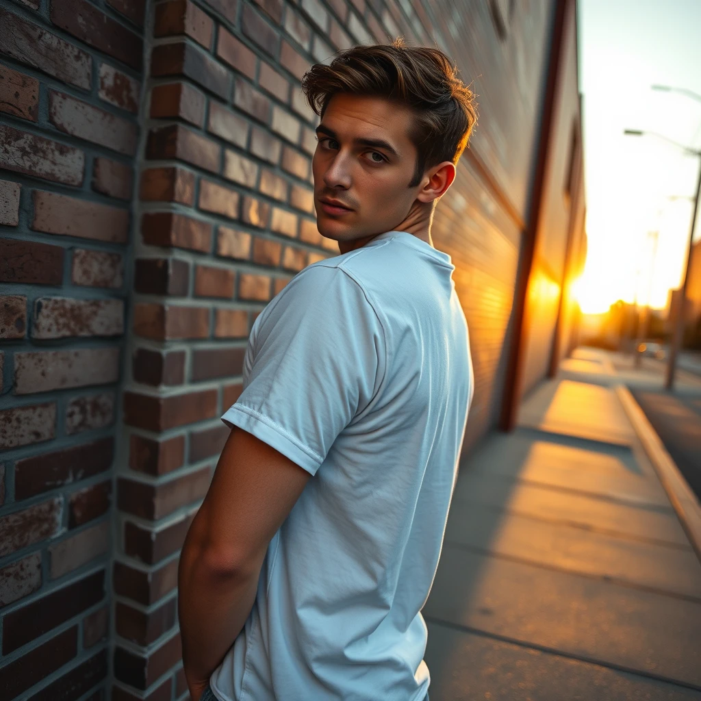 Freddie Prinze head and body shot, handsome, young, serious face, white T-shirt, collage jacket, jeans, sneakers, looking behind, hyper-realistic, street photography, brick wall, full body photography, sunrise.