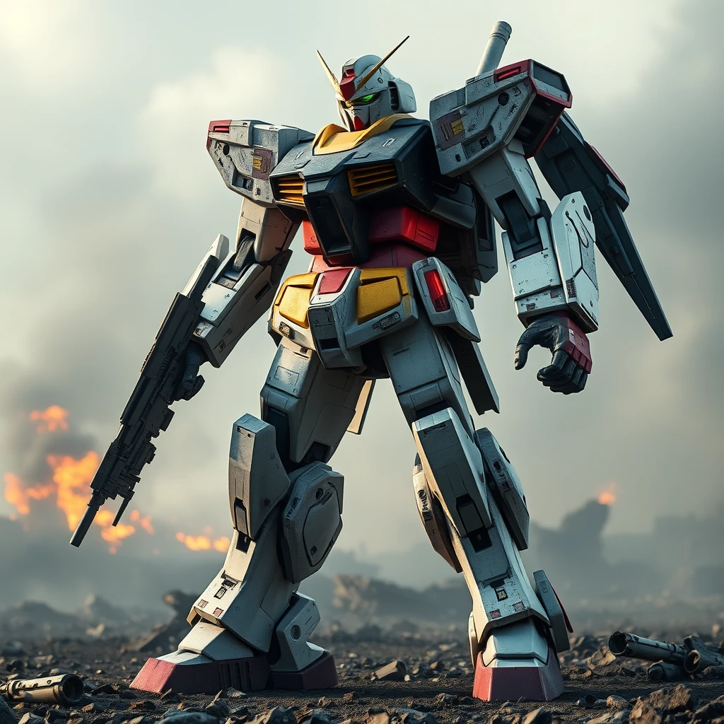 Hype realistic Gundam mech standing in a dystopian battlefield, realistic reflections, battle damage on the Gundam, smoldering ruins.