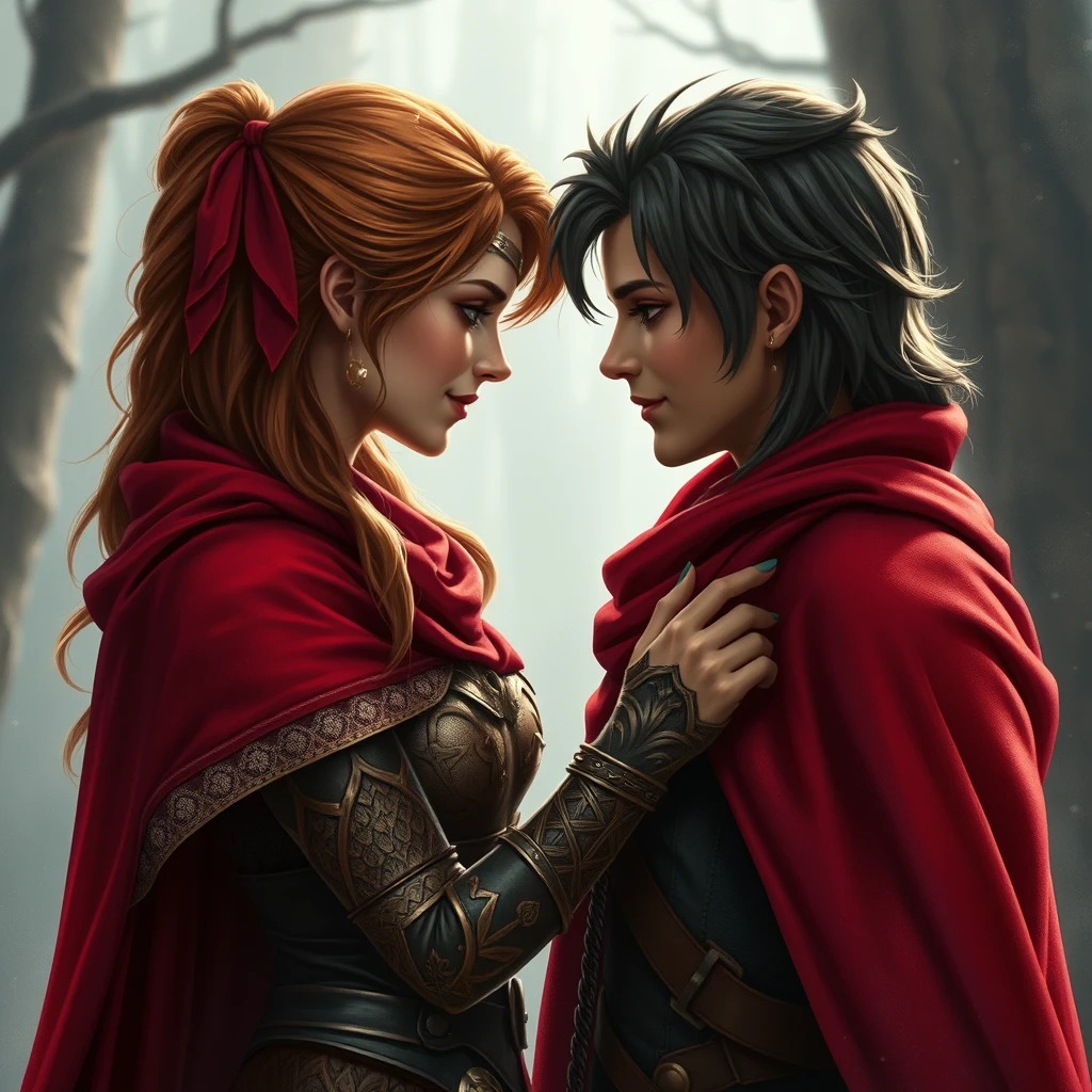 "Photorealistic: Fantasy heroine with a red cloak greets a friendly hero forehead to forehead."