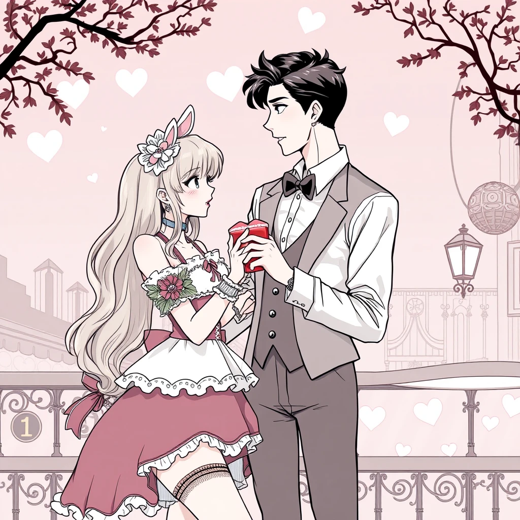 Beautiful girl dressed in Lolita costume and handsome tall boyfriend are dating, comic lineart.