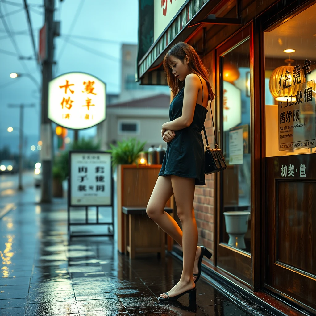 In the evening, a young woman is outside a restaurant, it is raining, and you can see her shoes; she is drenched from the rain. There is a sign outside the restaurant, and the words on the sign can be clearly seen, in Chinese characters or Japanese. - Image