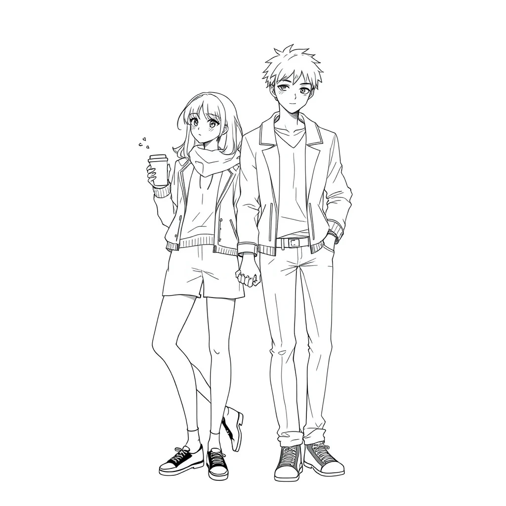 Anime lineart, young woman in fashion standing with a tall handsome boy, she is leaning on the boy, simple background, cup, handbag, hand in hand, daily life.