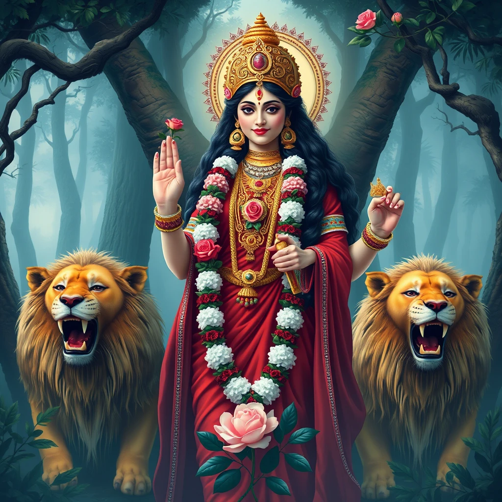 Goddess Kamakshi with a garland of roses, red clothing, and lions in a forest setting.