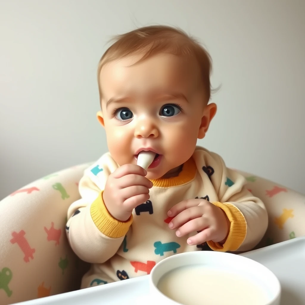 A baby eating milk