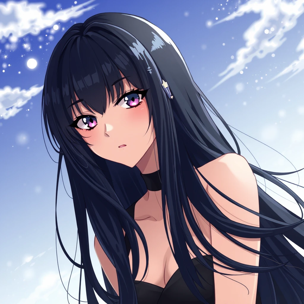 Anime cool, aloof black long-haired beauty H