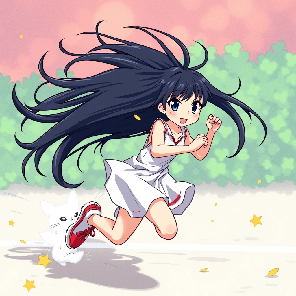 "Anime black long-haired beauty running"