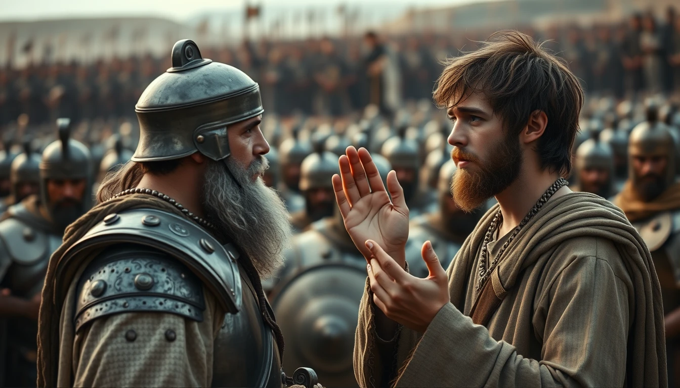 Create an image of two men arguing while onlookers crowd around. The man on the right is a young man with messy hair and a short beard, wearing just a simple biblical-era shepherd’s tunic. The young man is gesturing with his right hand, palm facing skyward, as if he is explaining something to a middle-aged Mesopotamian king, who is wearing biblical-era soldier armor. The background shows a blurred crowd of soldiers also wearing biblical-era soldier armor. Further in the background, on the horizon stands a blurred gathering of a large biblical-era army.