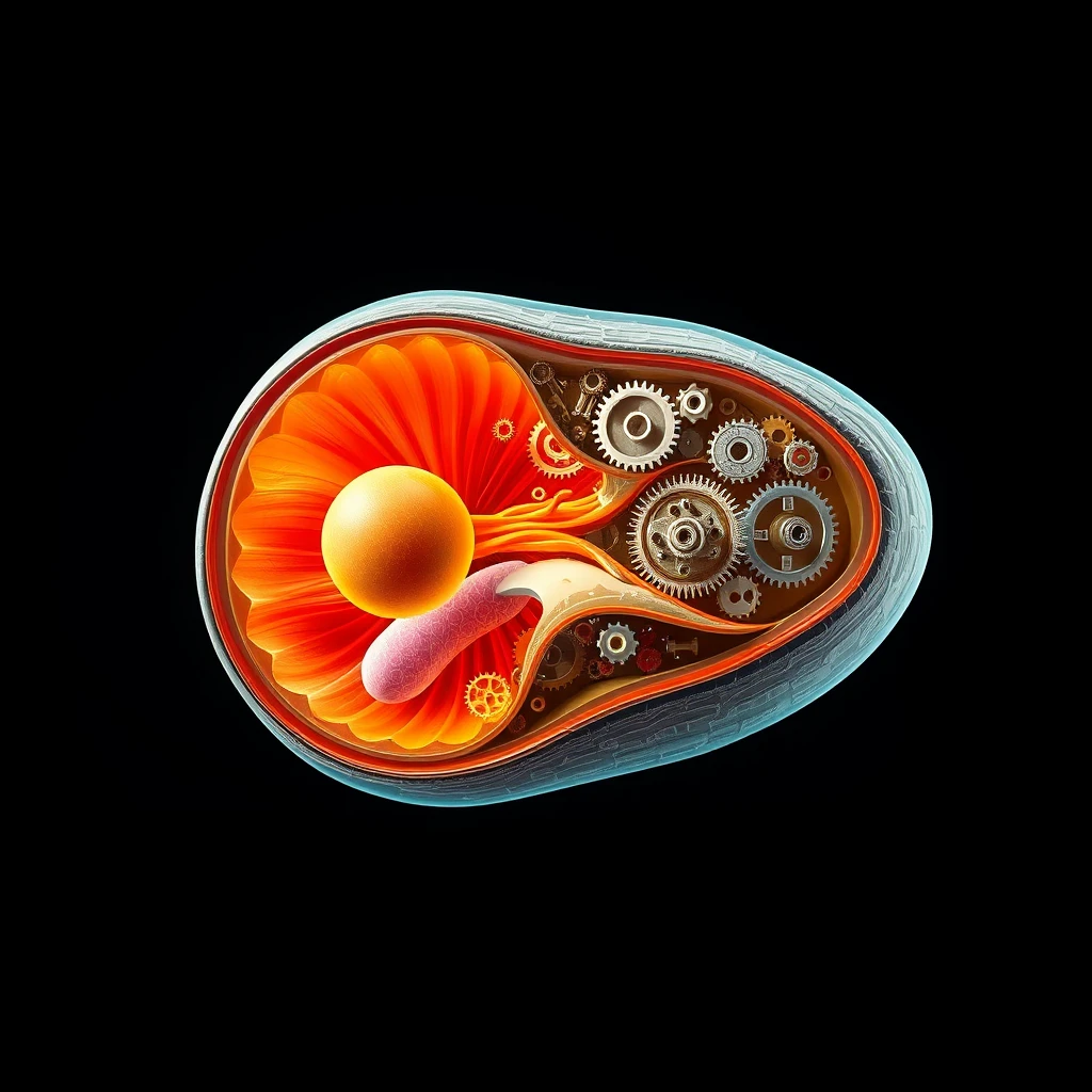 A human muscle cell showing the internals including the main organelles where each organelle (including the nucleus, mitochondria) is represented as a mechanical machine with a large number of tiny interconnected cogs and gears. - Image