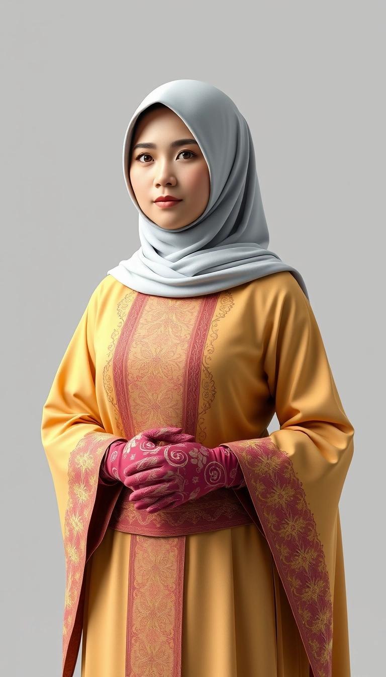 A 3D, 8k depiction of a Muslim woman from Palembang, wearing a traditional long songket and a long gown (gamis). She is adorned with a hijab that covers her chest and wears batik gloves covering her hands. - Image