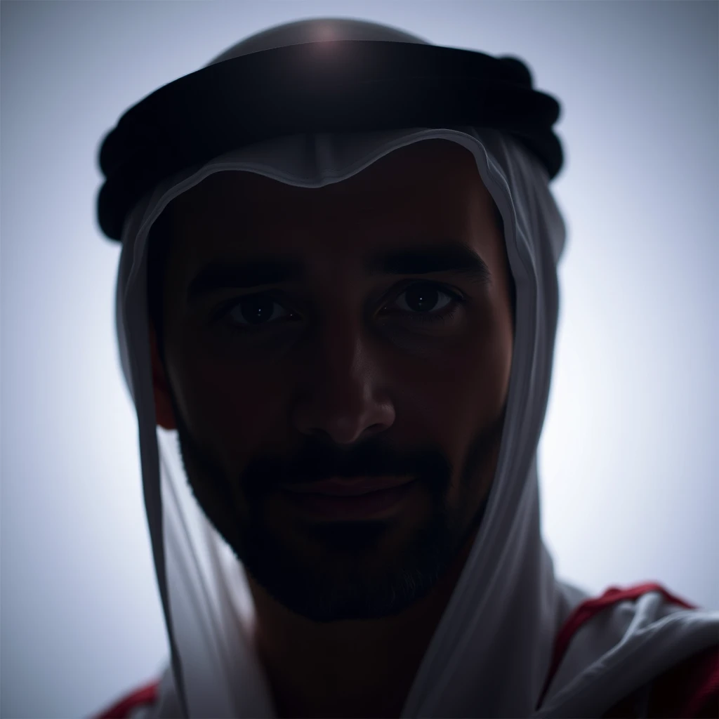 "Create an image of an Arab person with a face so brightly illuminated that the facial features are obscured by the intense glow. The light should be strong enough to create a halo effect around the person, making their face appear almost ethereal and not fully visible. The background should be a subtle gradient to enhance the focus on the radiant face." - Image