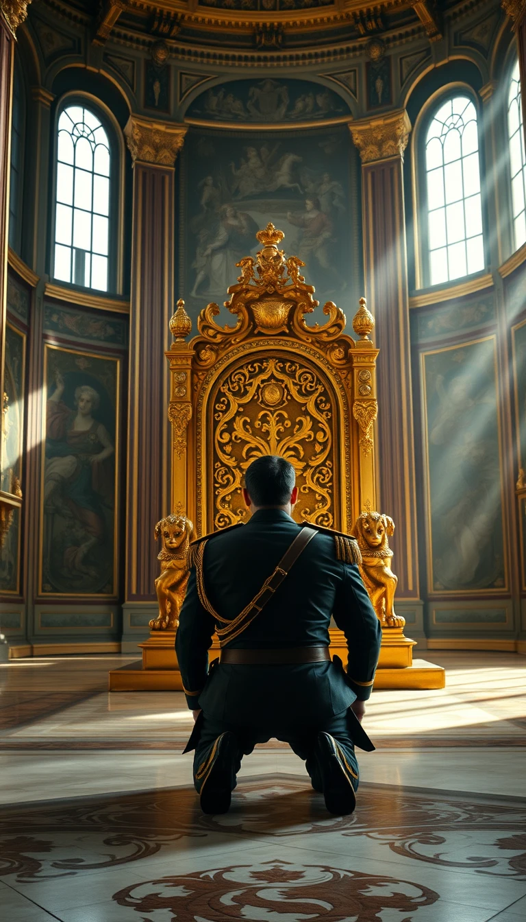 Main Character: A handsome and muscular king in a British royal military uniform, his back to the viewer, is on all fours, head bowed to the ground, trembling, in front of a massive gold throne. He appears to be in his late 30s, with short, neatly combed dark hair and a strong jawline. The uniform is impeccably tailored, adorned with medals and gold braid, highlighting his broad shoulders and powerful build.  
Background: The scene takes place in a grand, opulent throne room of a European palace, likely from the late 19th century. The towering walls are adorned with intricate carvings and tapestries depicting scenes of historical battles and royal ceremonies. Sunlight streams through tall, arched windows, casting long, dramatic shadows across the polished marble floor. The massive golden throne, intricately carved with mythical creatures and symbols of power, dominates the room, gleaming in the light.  
Supporting Characters: None  
Visual Style: The scene should be captured in a hyperrealistic, professional film photography style, emphasizing the dramatic lighting and the rich details of the environment and the king's uniform. The color palette should be rich and saturated, with a focus on golds, reds, and deep blues. The composition should create a sense of awe and power, highlighting the grandeur of the throne room and the king's submission. The image should evoke a sense of drama and tension, leaving the viewer to question the events leading to this powerful moment.