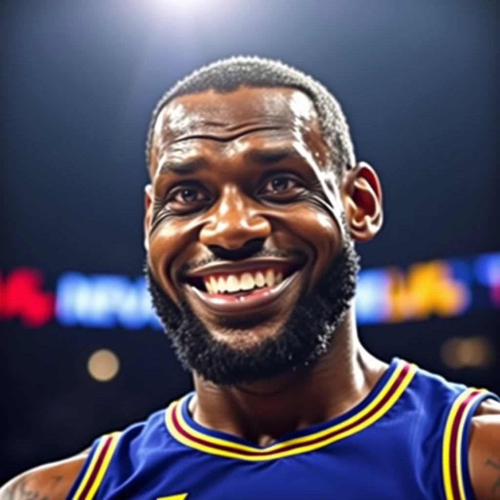 LeBron James staring with a wide grin. - Image