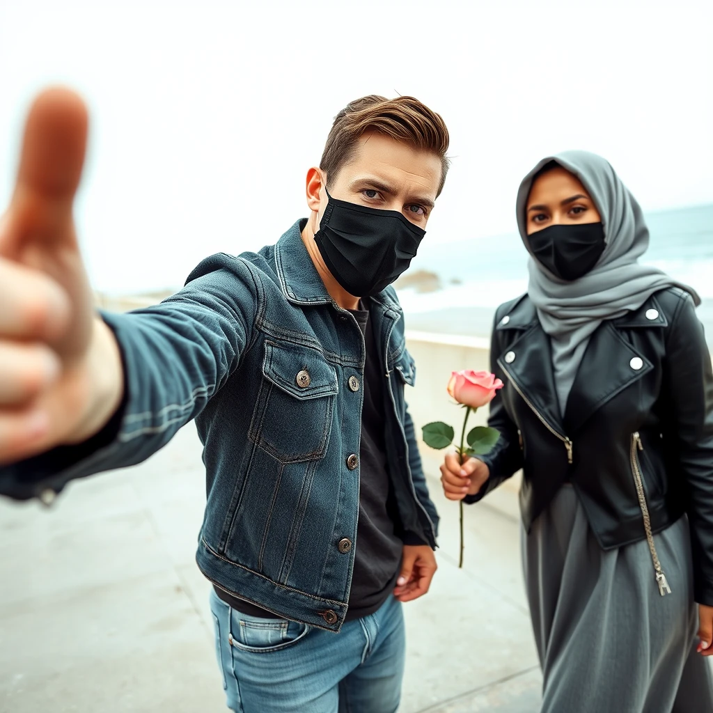 Jamie Dornan's head and body shot, handsome, face mask black, jeans jacket, jeans, dating, love couple with the biggest grey hijab Muslim girl, beautiful eyes, face mask black, black leather jacket, biggest skirt, at the beach, holding a rose, hyper realistic, street photography, selfie.