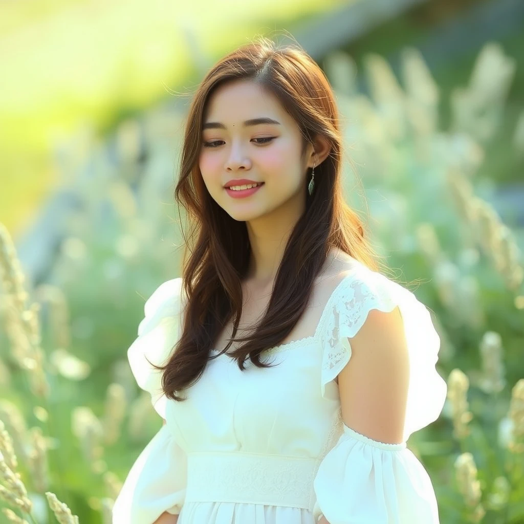 A serene, blissful scene of a young woman in a white dress.