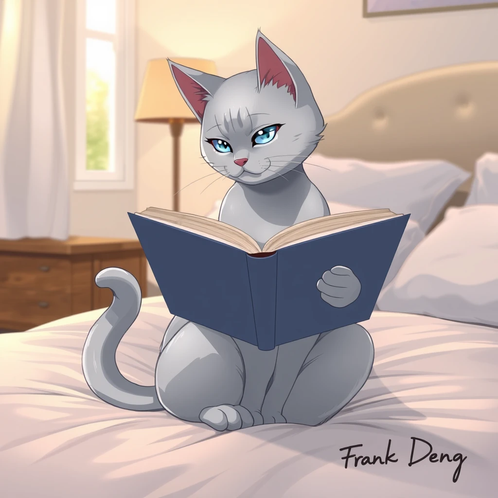 Subject: A silver cat with an aloof expression sitting on the bed reading a book.  
Character: An anime-style silver tabby cat with sleek fur, icy blue eyes, and a generally aloof expression. The cat is sitting upright on a bed with its legs crossed, holding a book open with one paw and resting the other on the page. Its tail is curled neatly around its body.  
Clothing: None, the cat is not wearing any clothes.  
Action: The cat is engrossed in reading, its gaze focused intently on the pages of the book.  
Background: A cozy bedroom with soft lighting. The bed is neatly made with a fluffy comforter and pillows. There might be a window in the background with soft sunlight streaming in.  
Signature: "Frank Deng" written in a stylish, legible font, perhaps in the bottom right corner of the image.  
Style: Anime style with clean lines and vibrant colors. The overall mood should be calm and serene, reflecting the cat's focused concentration.  
Lighting: Soft, warm lighting, perhaps coming from a bedside lamp, creating a gentle glow around the cat and the book.  
Details: Pay attention to the details of the cat's fur, the texture of the bed linens, and the intricate details of the book cover. The cat's expression should convey a sense of intelligence and focus.  
Color Palette: Predominantly cool tones with hints of warm colors in the lighting and background. The silver of the cat's fur should be the dominant color.