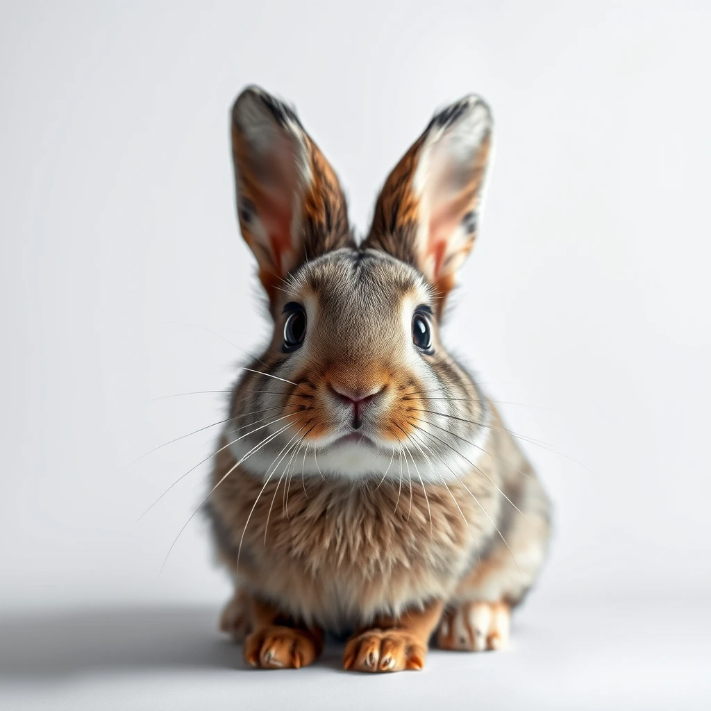 Cat rabbit Dramatic lighting against white background. Hyper-realistic, high-resolution image, expressive features and coloration.