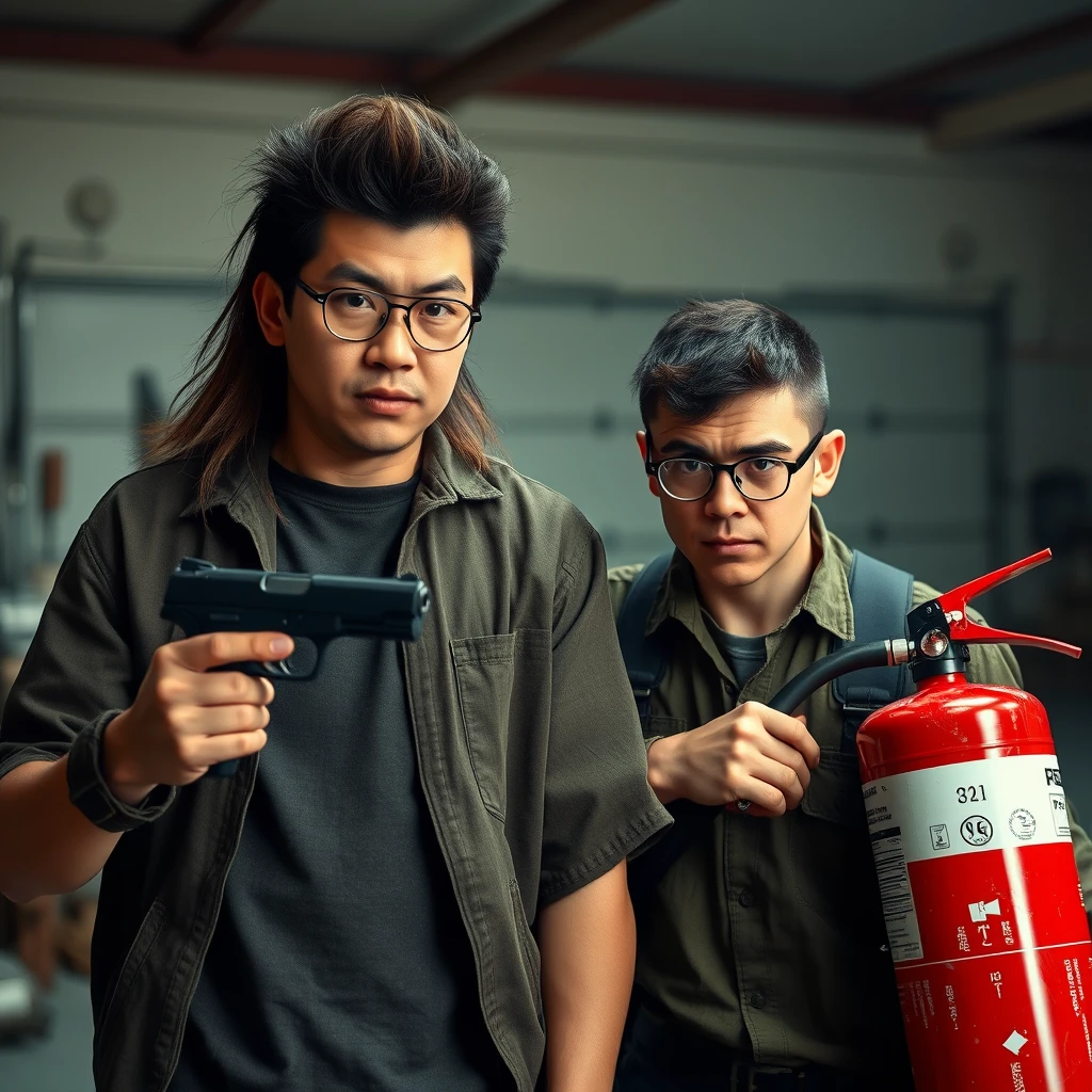 21-year-old white Chinese man with square glasses, long mullet, holding a pistol; 21-year-old white Italian man with round prescription glasses and short hair holding a very large fire extinguisher, in a garage setting, both angry.